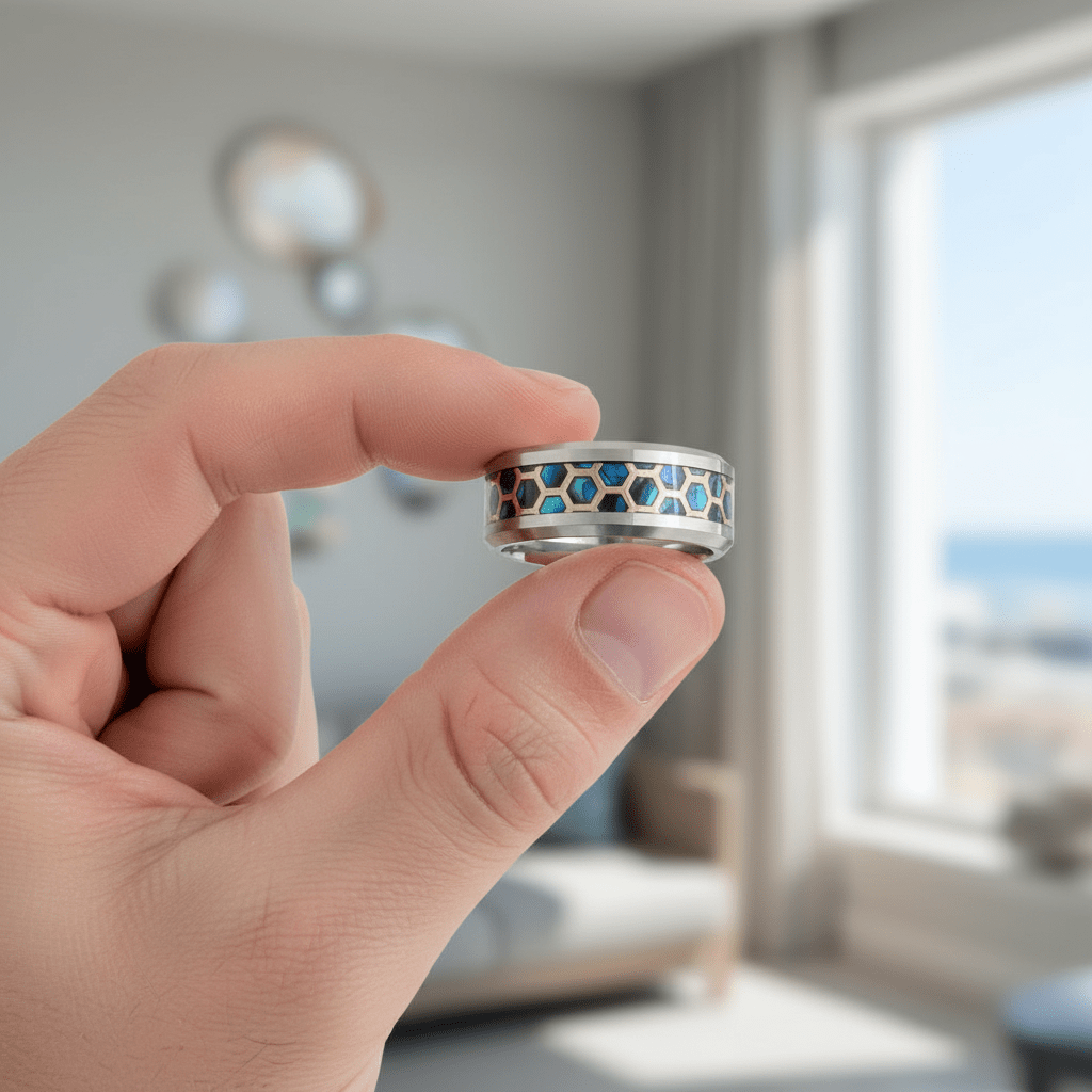 CHAZY — Held between fingers close-up — men's tungsten wedding ring.