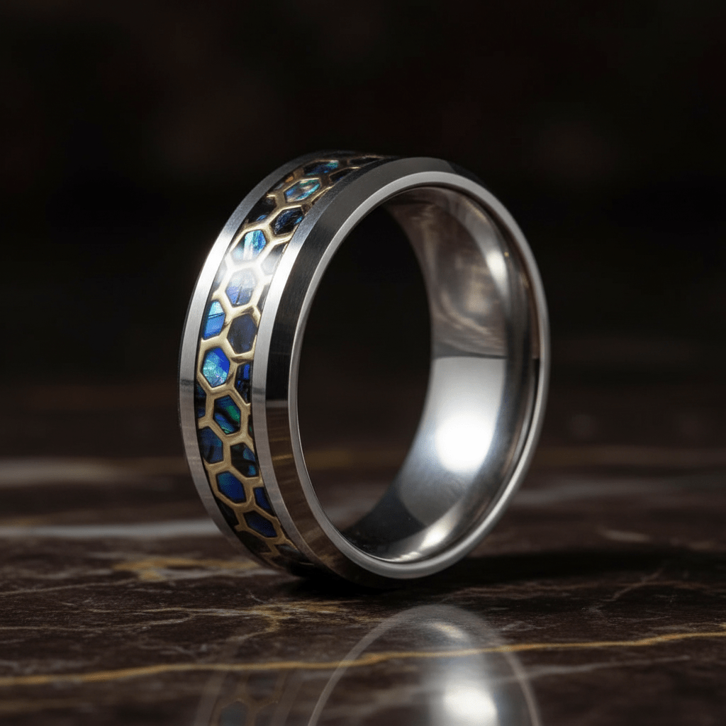 CHAZY — Luxury 3/4 angle on dark marble — men's tungsten wedding ring.