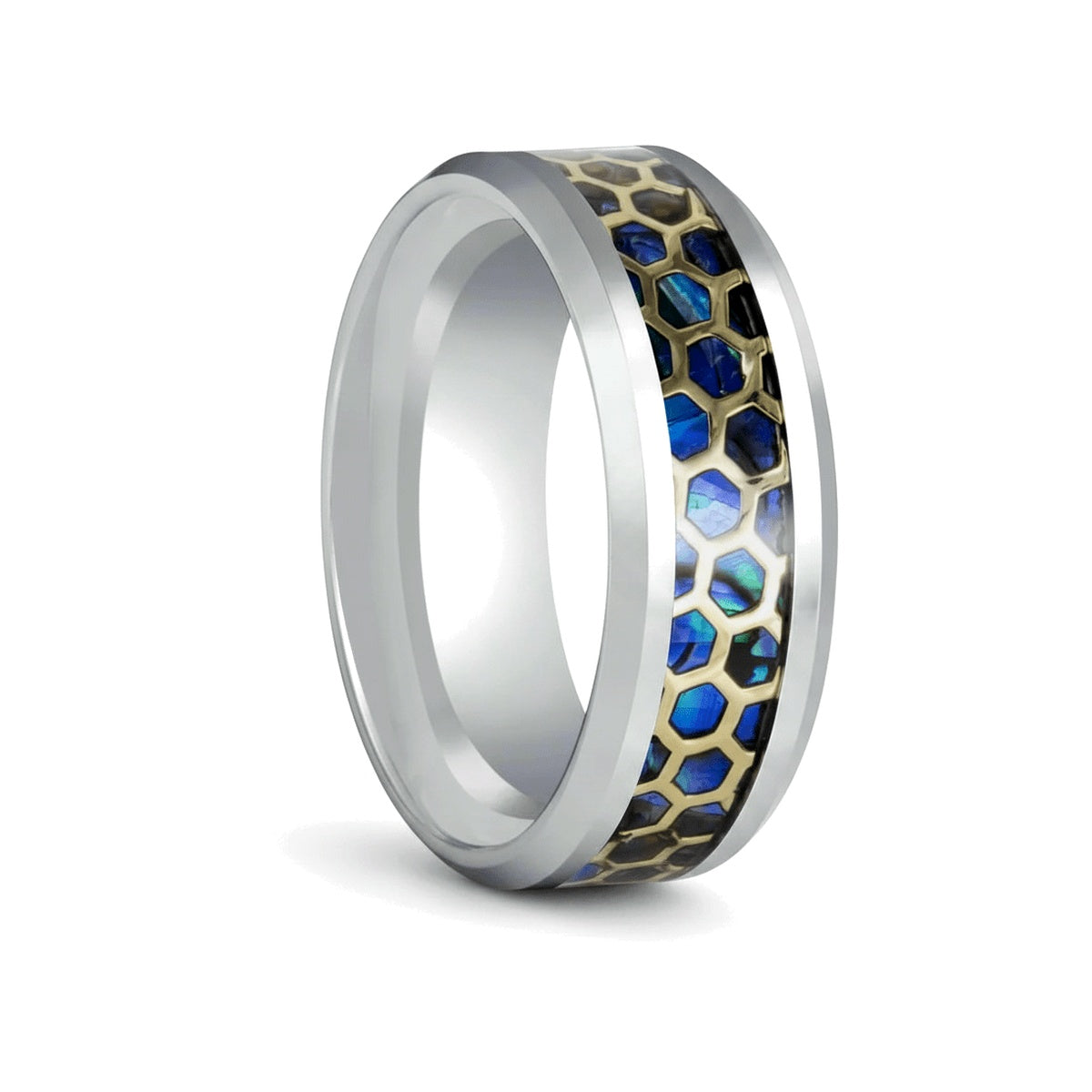 CHAZY silver tungsten wedding ring with honeycomb abalone inlay and beveled edges - front view
