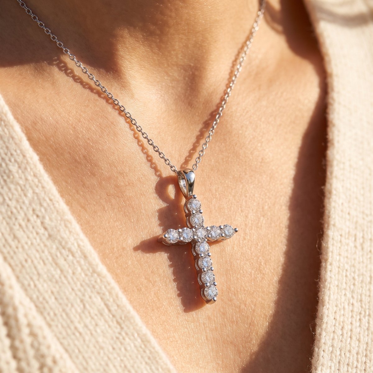 Classic Diamond Cross Pendant 925 silver lab grown diamond pendant being worn, natural daylight lifestyle photo