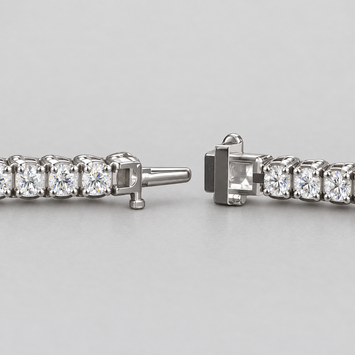 Classic Four Prong Tennis Bracelet, silver box clasp and connecting links, close-up