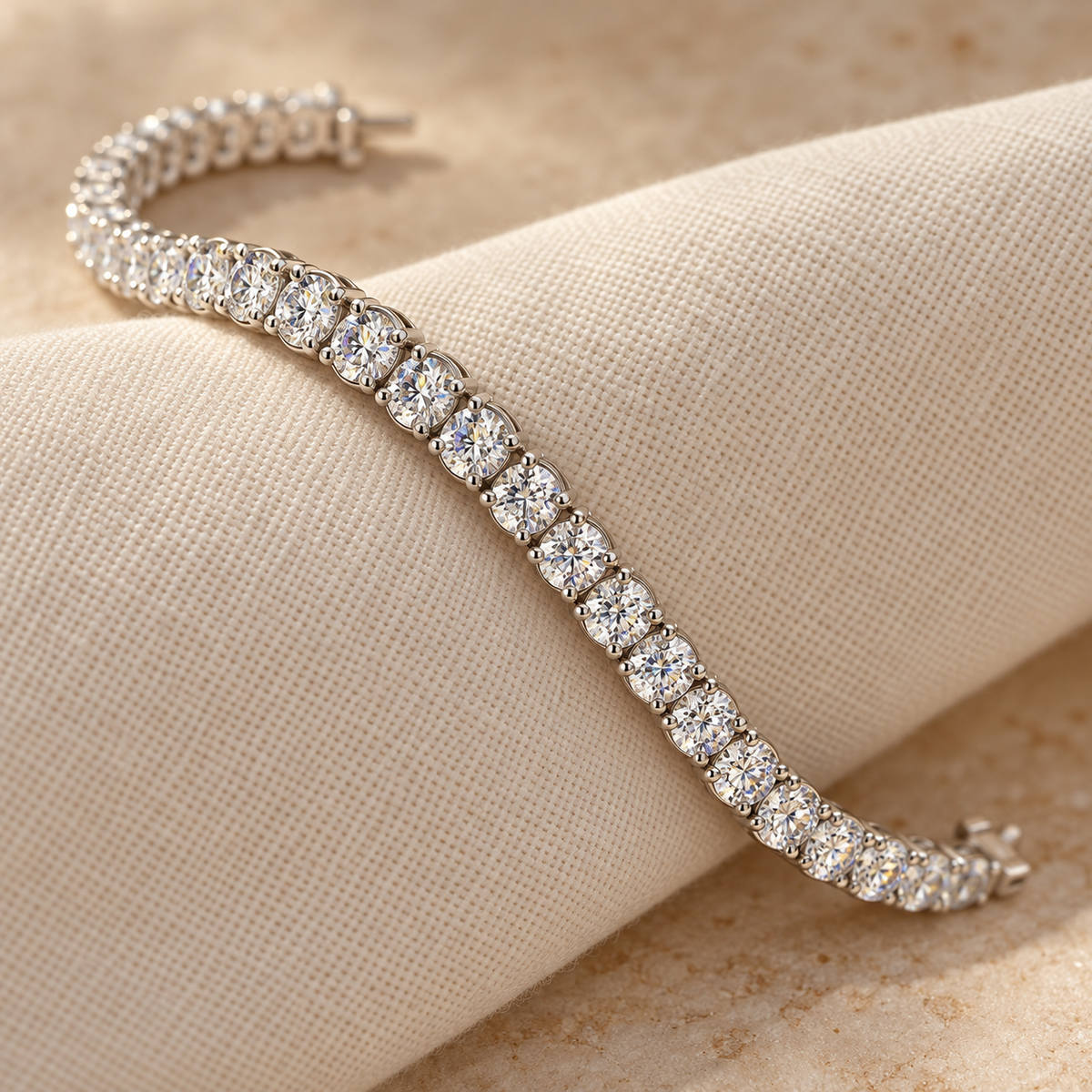Classic Four Prong Tennis Bracelet, lab grown diamonds in silver, draped on ivory linen