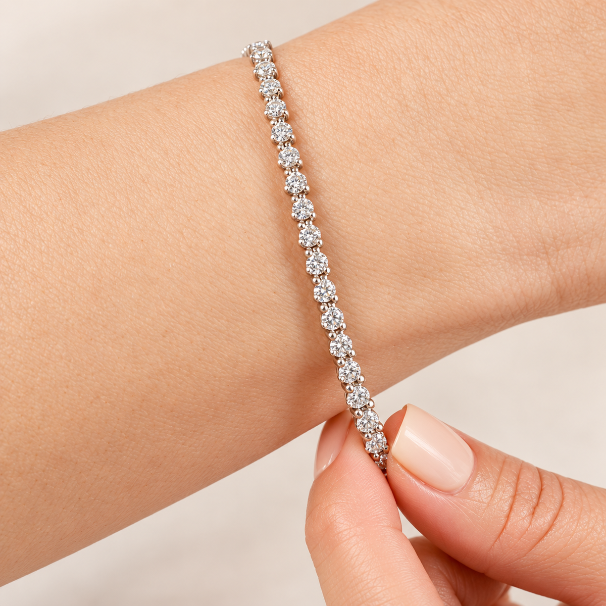 Classic Three Prong Tennis Bracelet, lab grown diamonds in 925 silver, worn on wrist