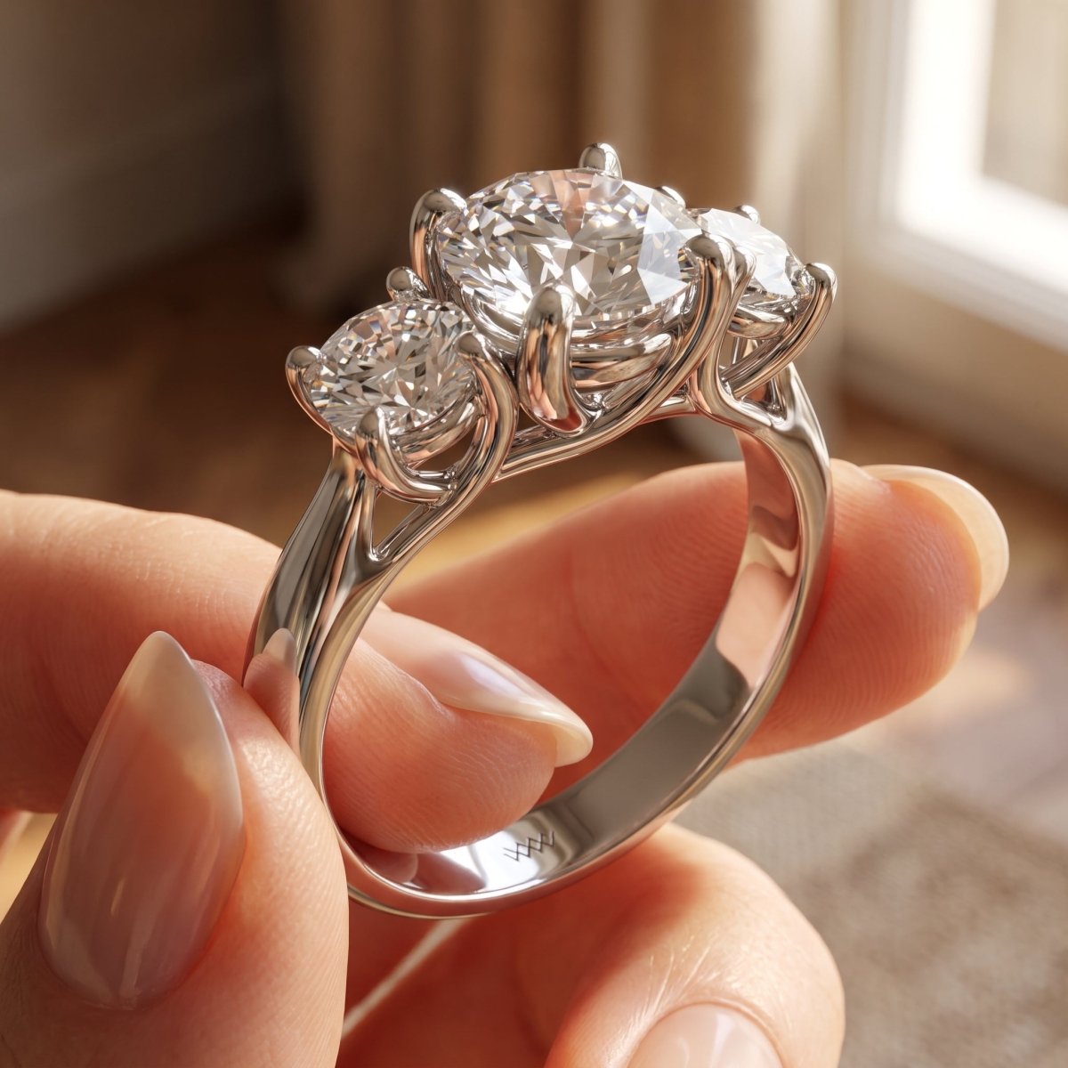 Classic Three Stone Round Diamond Ring 925 silver lab grown diamond ring held in hand lifestyle close-up photo