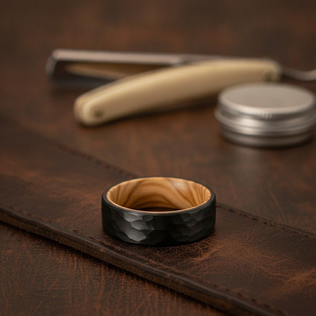 Aydins CLEVER | Tungsten Olive Wood Inlay Ring 8MM lifestyle scene, barber strop