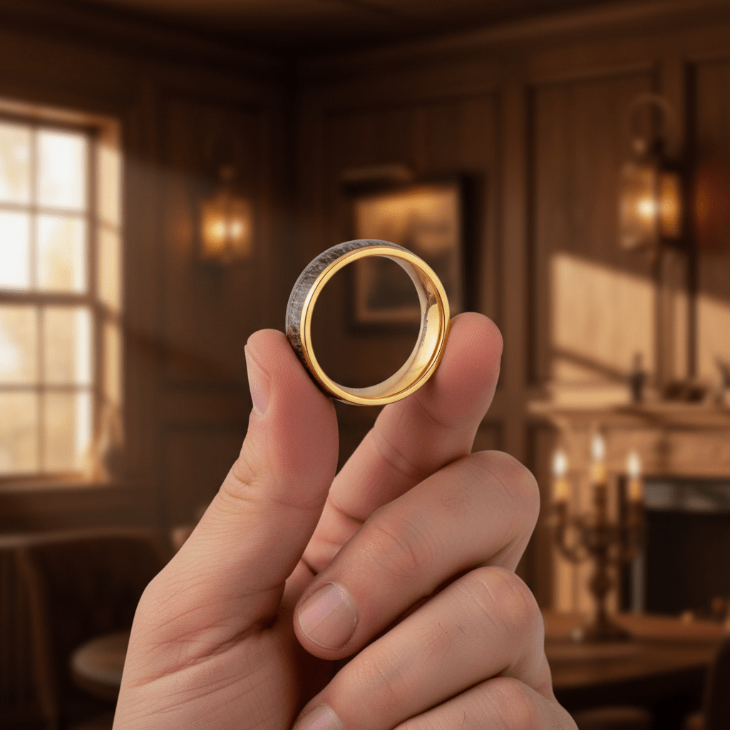 COLUMBA — Held between fingers close-up — men's tungsten wedding ring.
