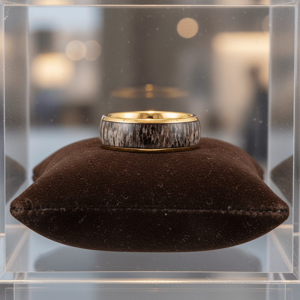 COLUMBA — Premium boutique display on velvet — men's tungsten wedding ring.