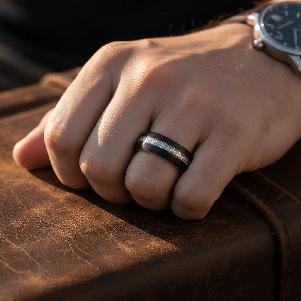 COMET — lifestyle on hand — men's tungsten carbide wedding ring | Aydins Jewelry