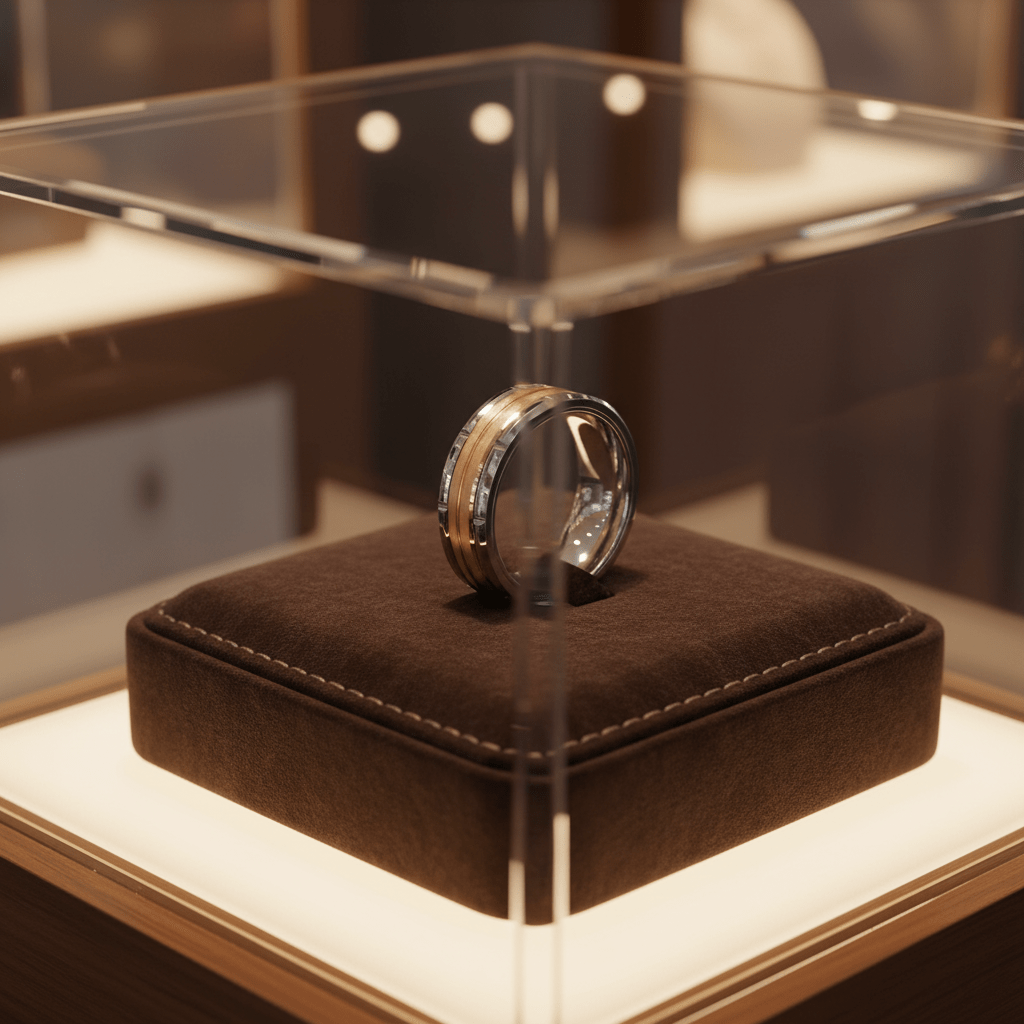 COMMAND — Premium boutique display on velvet — men's tungsten wedding ring.