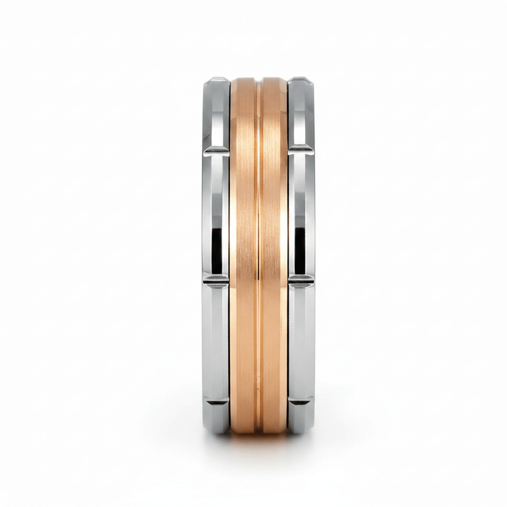 COMMAND — Front-facing straight-on view — men's tungsten wedding ring.