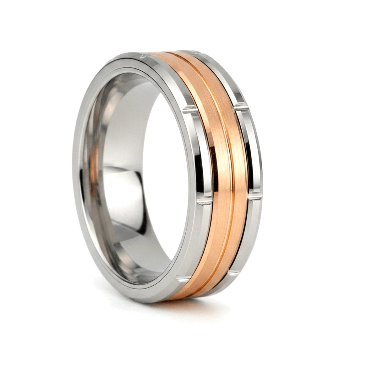 COMMAND silver tungsten wedding ring with two-tone rose gold inlay and beveled edges - front view