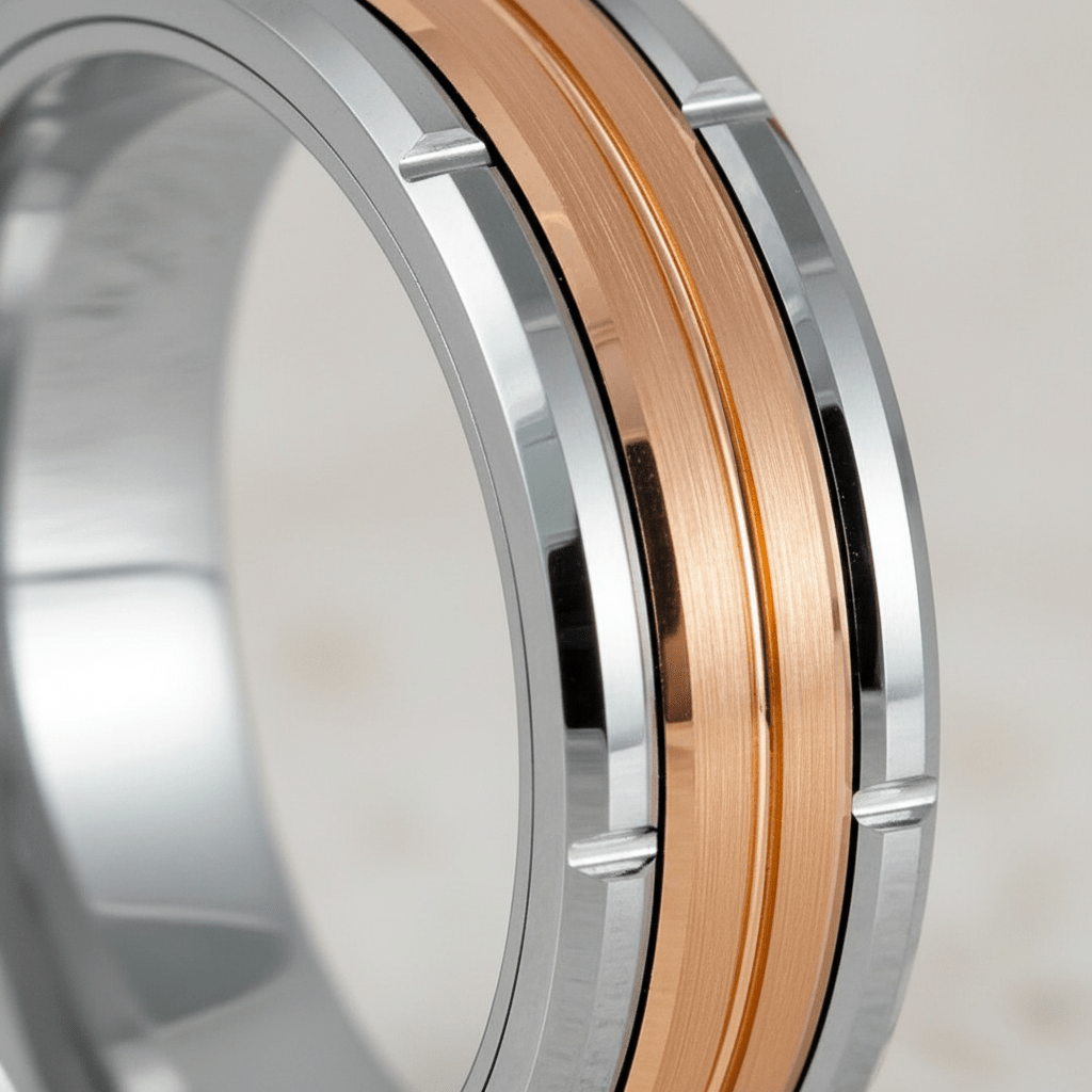 COMMAND — Extreme macro detail — men's tungsten wedding ring.