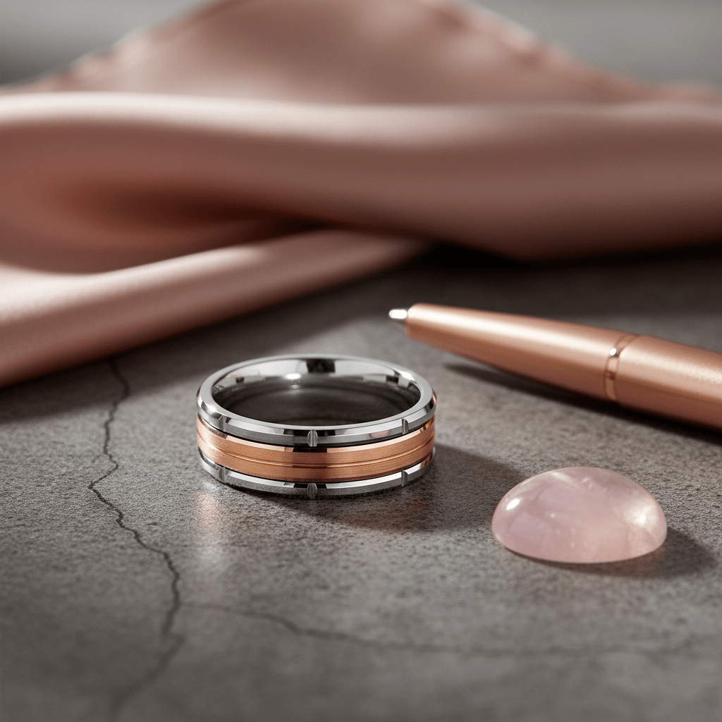 COMMAND — Editorial masculine still life — men's tungsten wedding ring.