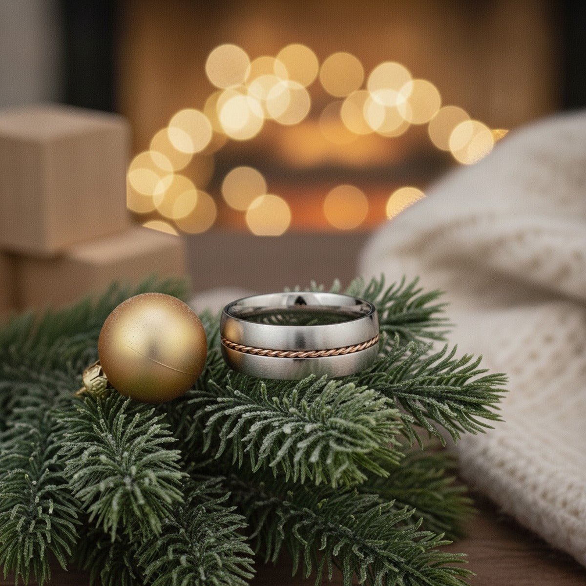 Aydins CONDUCTOR | Silver Titanium Ring, Braided 14k Rose Gold Inlay, Domed lifestyle scene, christmas evergreen