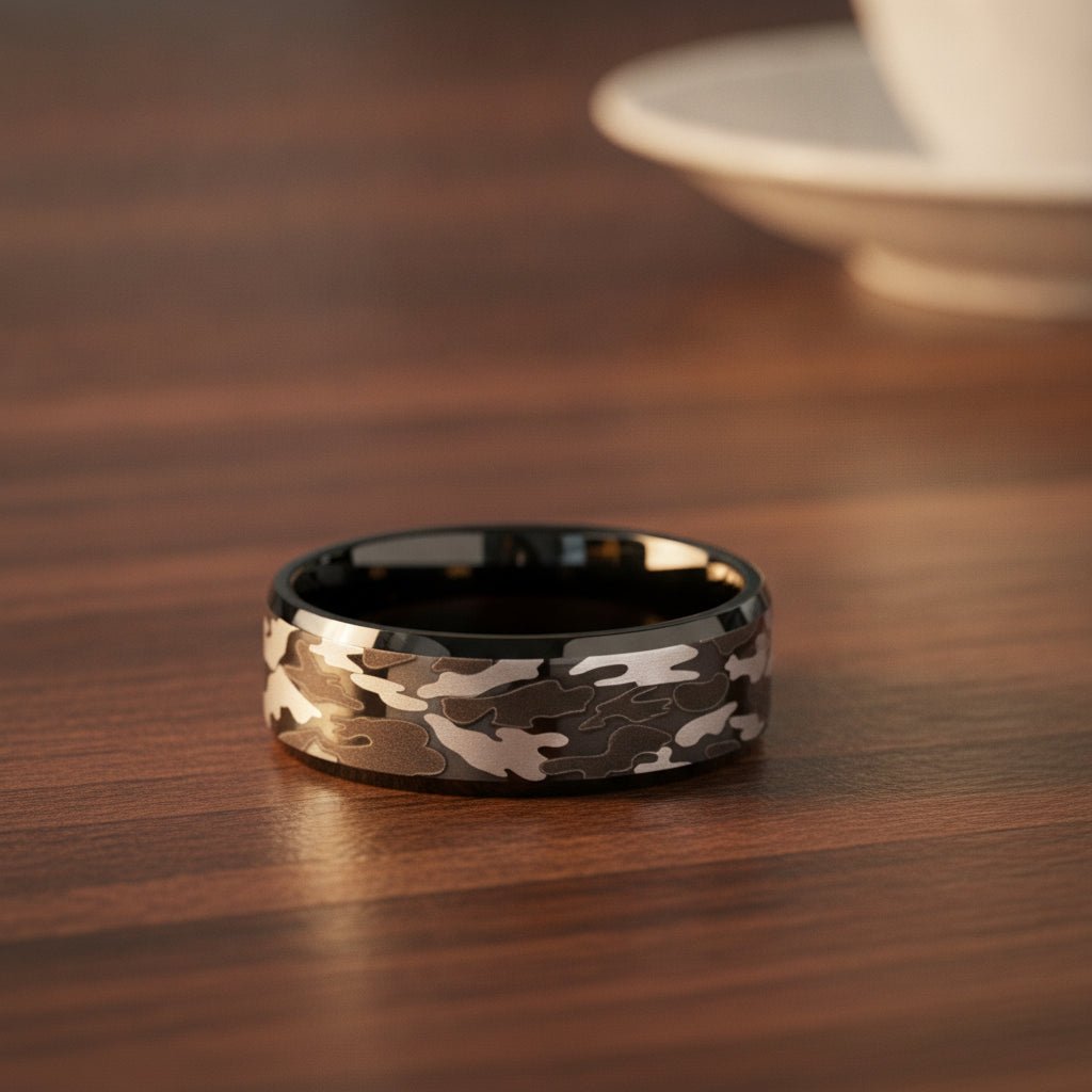 CONQUEST beveled black tungsten carbide wedding band with black and gray camouflage pattern inlay running around the band and polished edges resting on a walnut wood counter, lifestyle scene