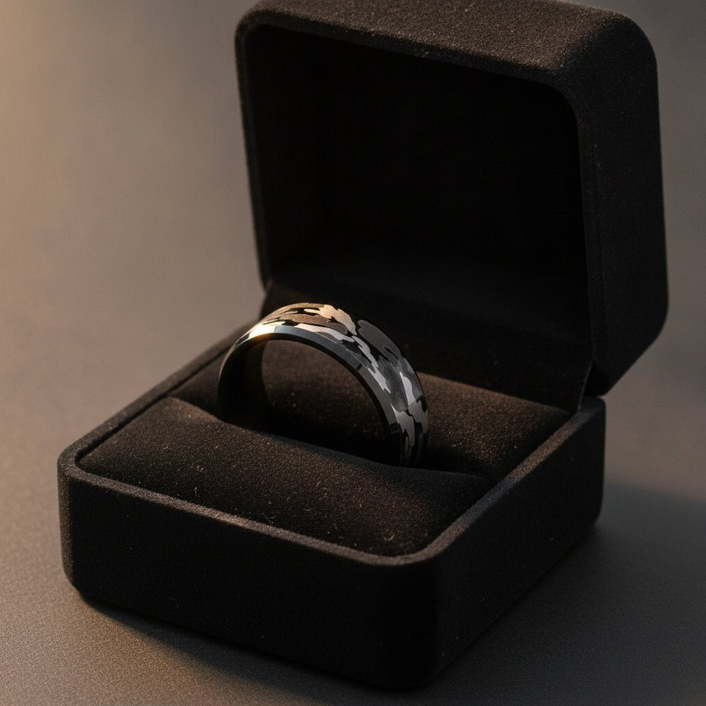 CONQUEST beveled black tungsten carbide wedding band with black and gray camouflage pattern inlay running around the band and polished edges nested in a black velvet ring box, editorial jewelry shot