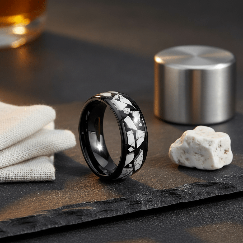 CONTELIS — Editorial masculine still life — men's tungsten wedding ring.