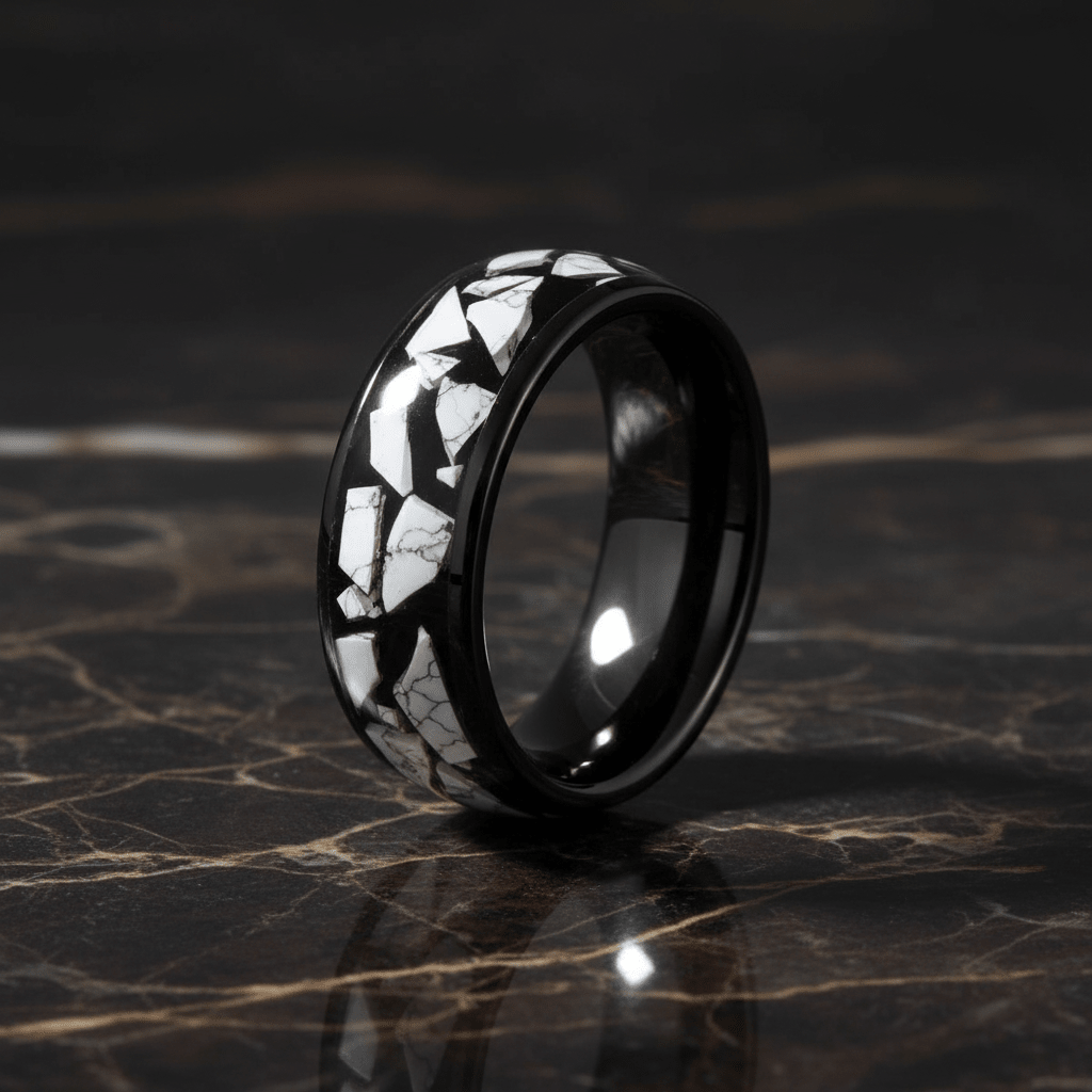 CONTELIS — Luxury 3/4 angle on dark marble — men's tungsten wedding ring.