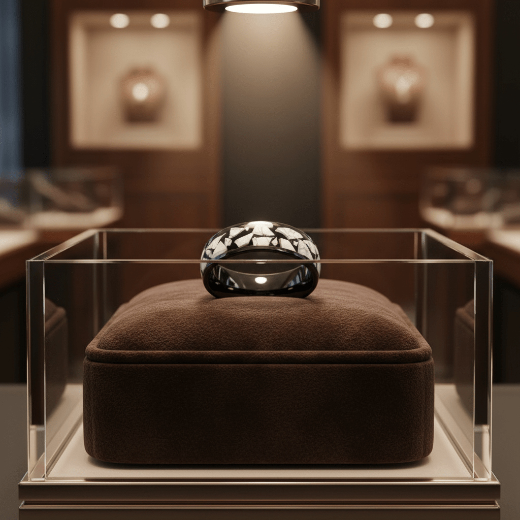 CONTELIS — Premium boutique display on velvet — men's tungsten wedding ring.
