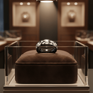 CONTELIS — Premium boutique display on velvet — men's tungsten wedding ring.