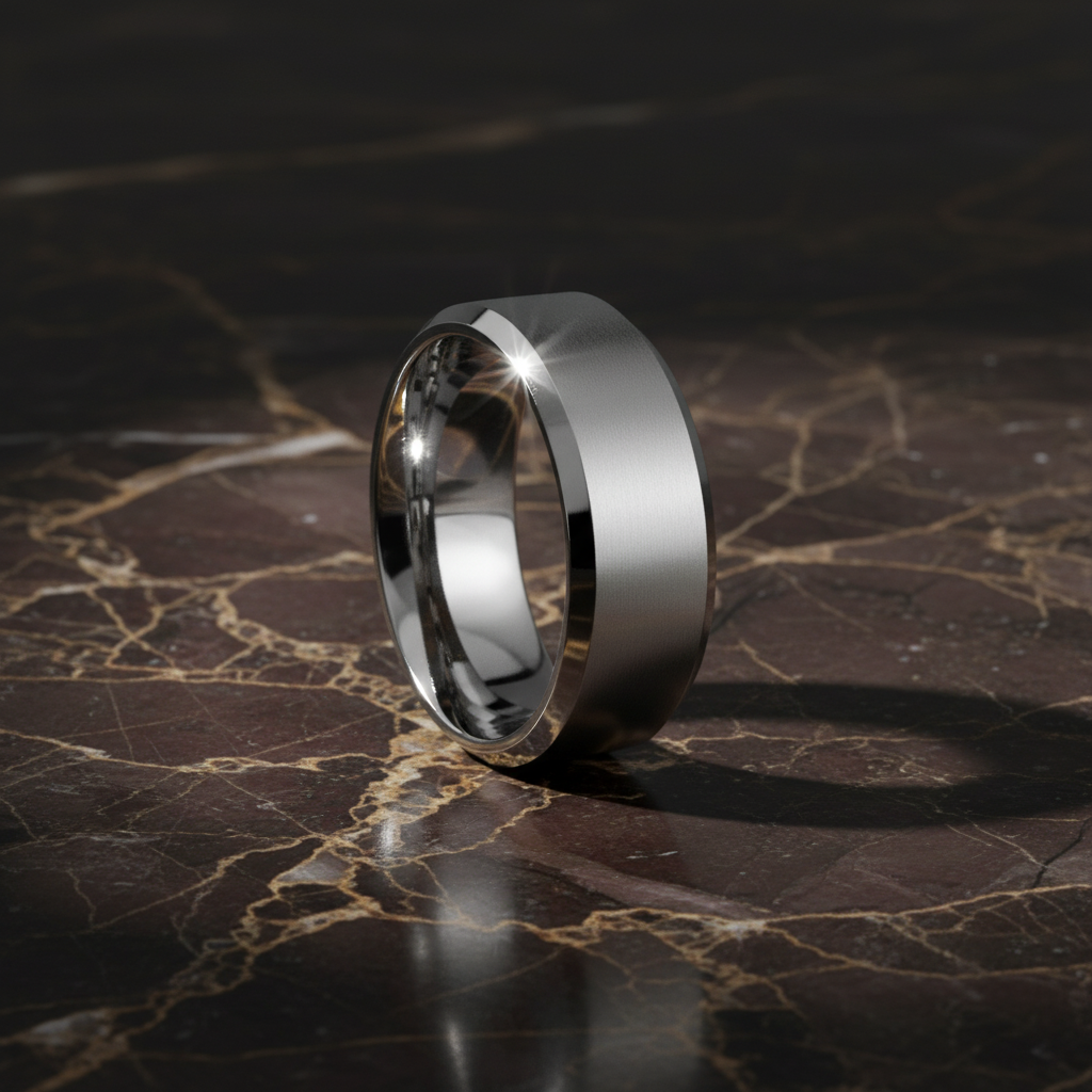 COOPER — Luxury 3/4 angle on dark marble — men's tungsten wedding ring.