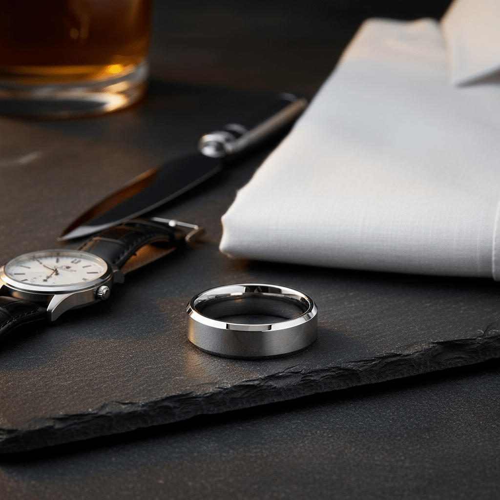 COOPER — Editorial masculine still life — men's tungsten wedding ring.