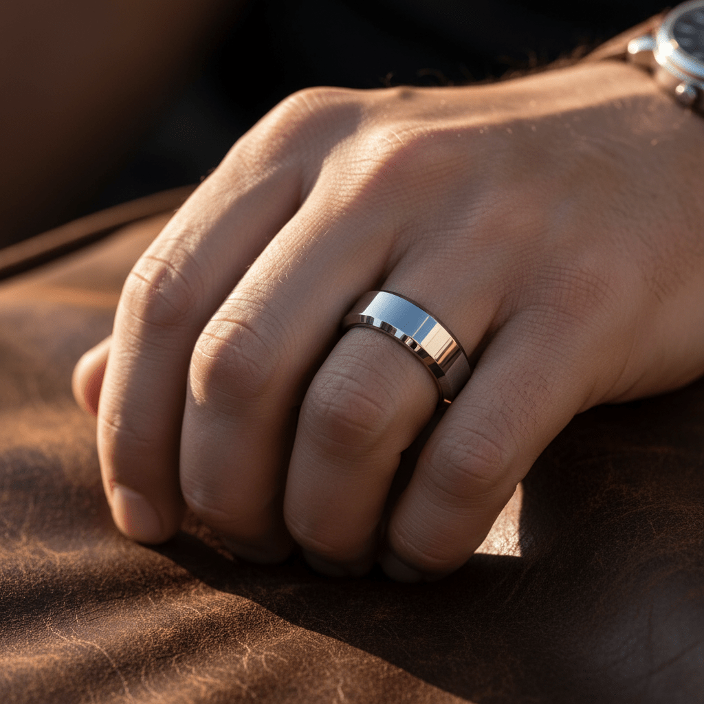 COOPER — Lifestyle photo on hand — men's tungsten wedding ring.