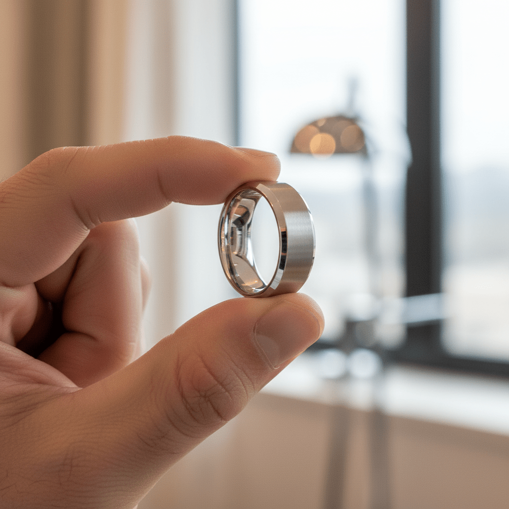 COOPER — Held between fingers close-up — men's tungsten wedding ring.