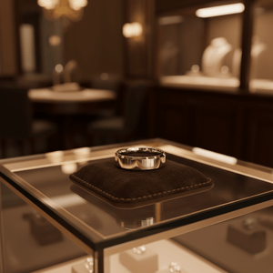 COOPER — Premium boutique display on velvet — men's tungsten wedding ring.