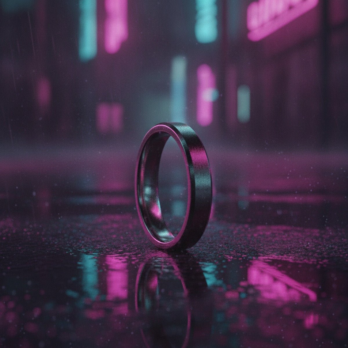 Aydins CORINTHIAN | Silver Tungsten Ring, Shiny, Beveled, 4mm, 6mm, 8mm lifestyle scene, neon wet alley