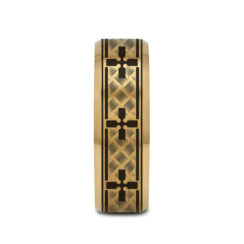 CREDO gold tungsten wedding band with woven cross pattern and beveled edges – front view