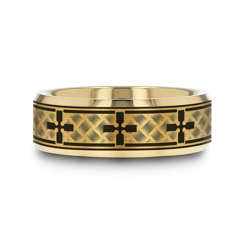 CREDO gold tungsten ring flat profile showing comfort fit interior and beveled edge detail