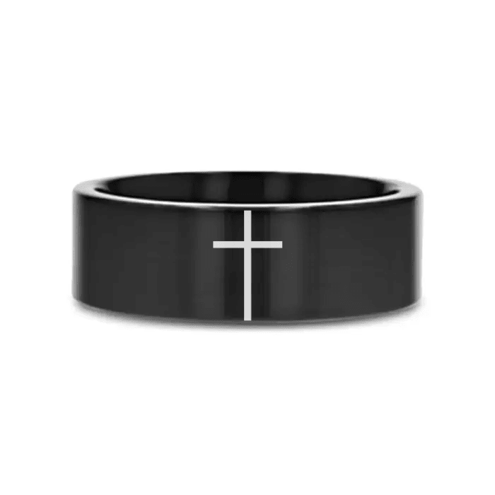 CREED black tungsten ring with minimalist cross laser-engraved at the center – Aydins Jewelry
