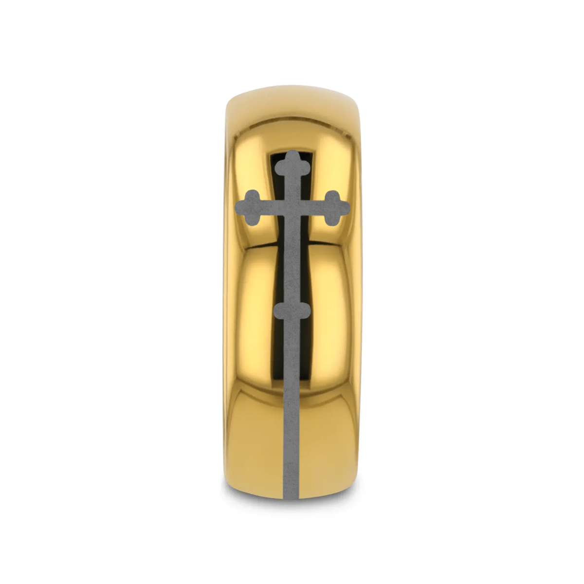 CRUX gold tungsten ring with sideways cross laser-engraved at the center – Aydins Jewelry