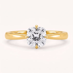 Cushion lab-grown diamond solitaire engagement ring, Yellow Gold, face-on detail macro