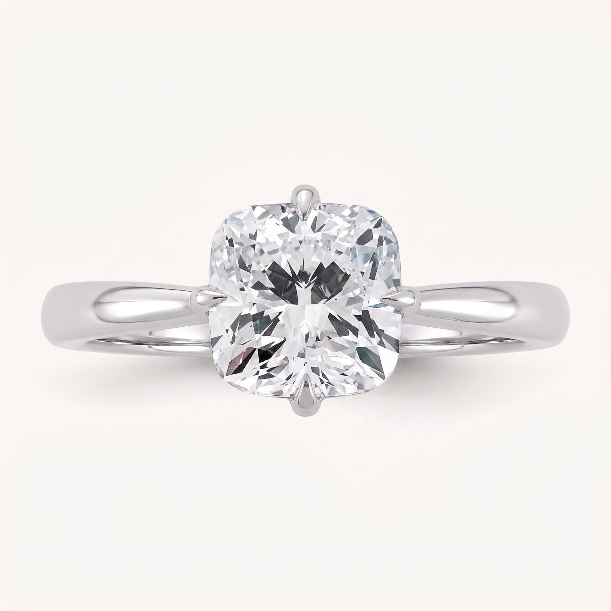 Cushion lab-grown diamond solitaire engagement ring, White Gold, face-on detail macro