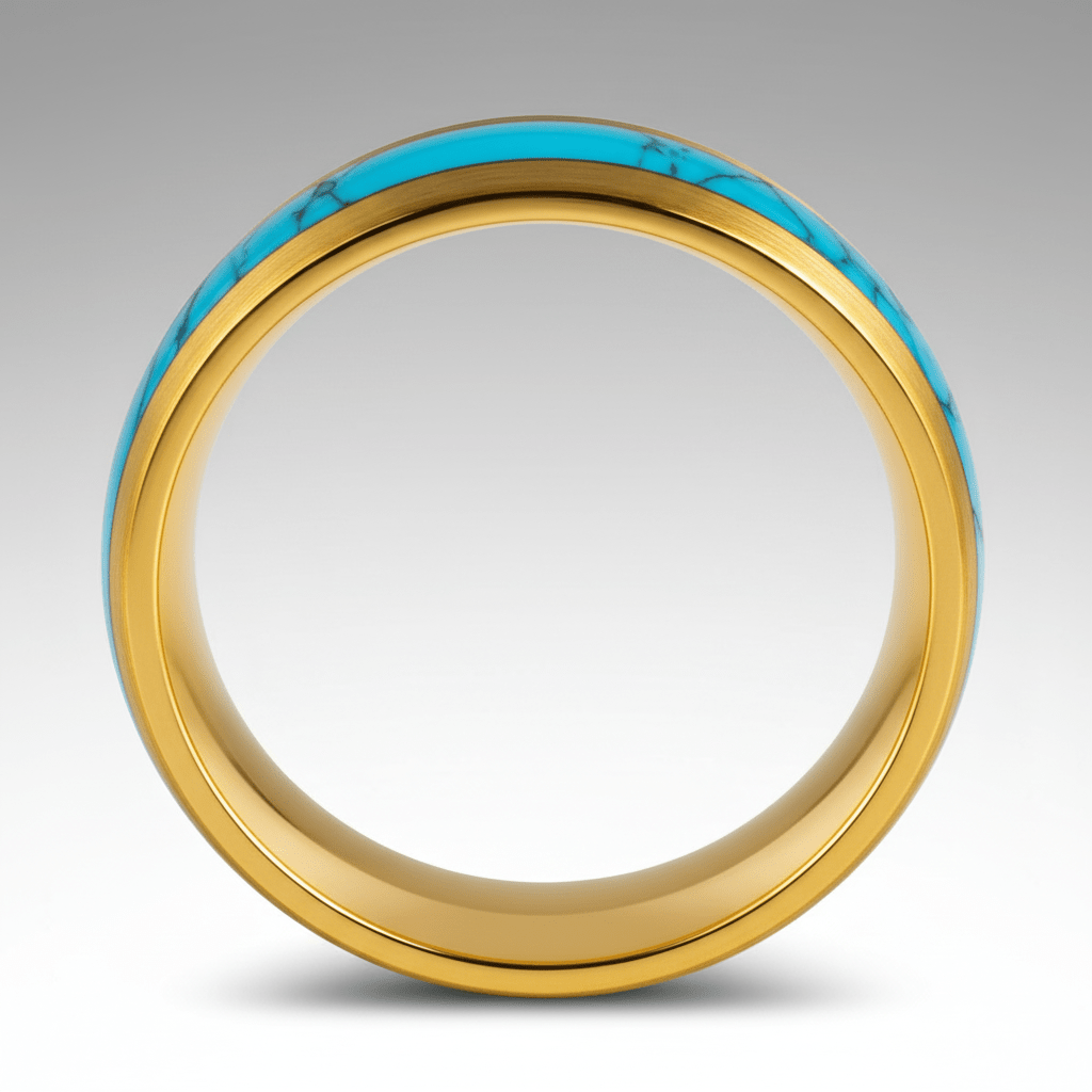 CYANITE — Center-through axial view — men's tungsten wedding ring.