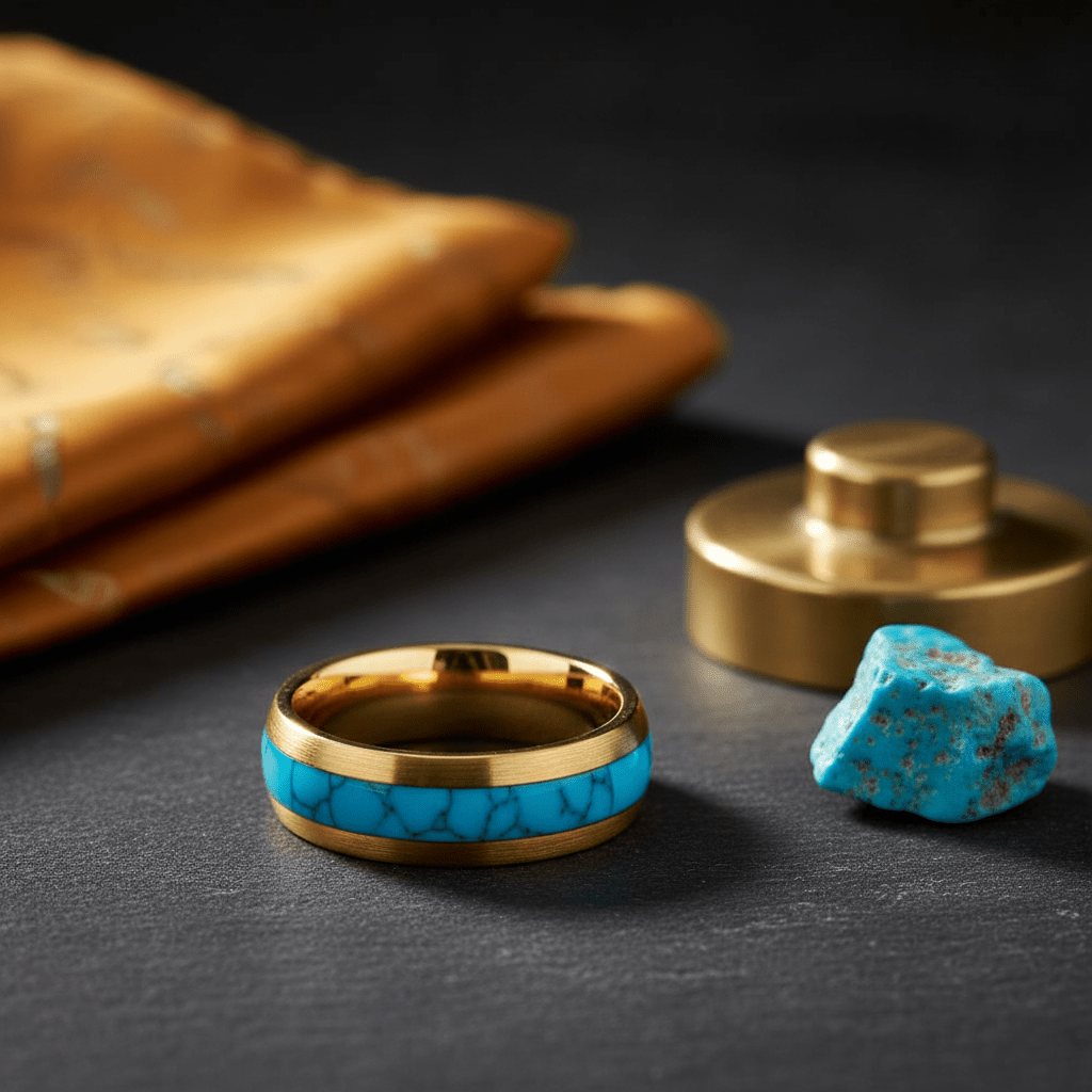 CYANITE — Editorial masculine still life — men's tungsten wedding ring.