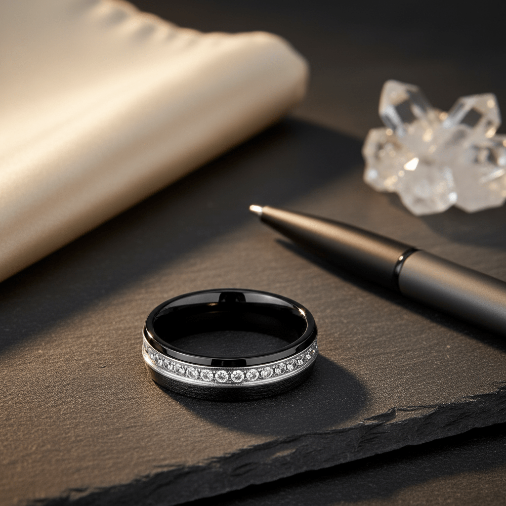 DAZZEL — Editorial masculine still life — men's tungsten wedding ring.