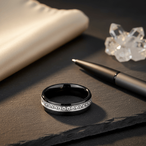DAZZEL — Editorial masculine still life — men's tungsten wedding ring.