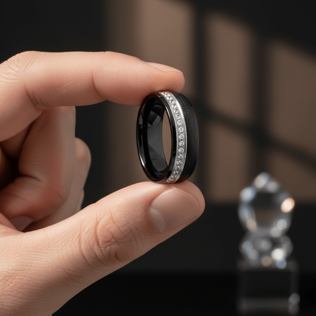 DAZZEL — Held between fingers close-up — men's tungsten wedding ring.