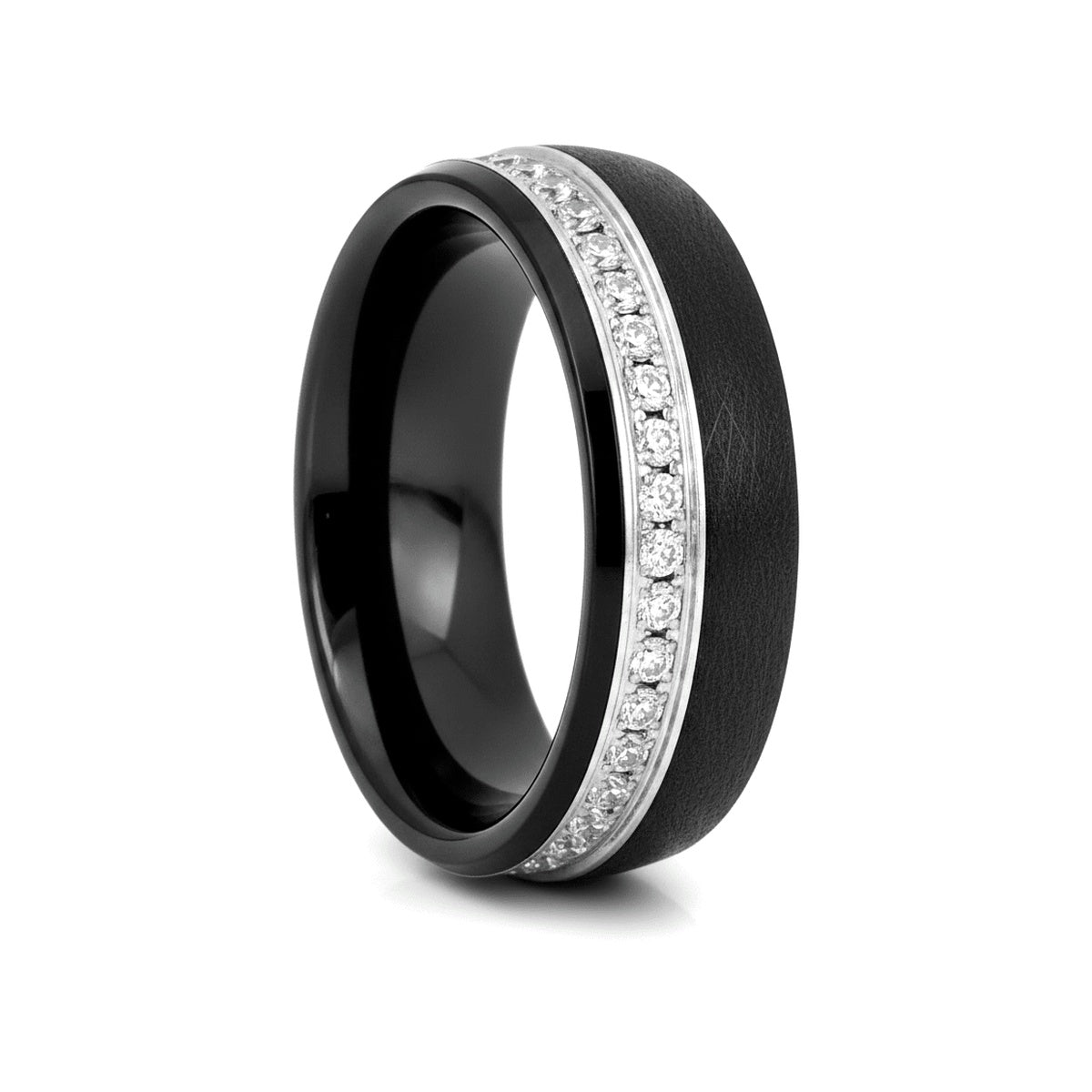 DAZZEL black tungsten wedding ring with white CZ eternity setting - front view