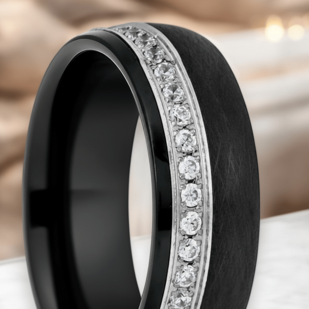 DAZZEL — Extreme macro detail — men's tungsten wedding ring.