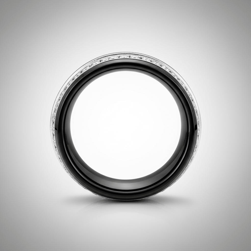 DAZZEL — Center-through axial view — men's tungsten wedding ring.