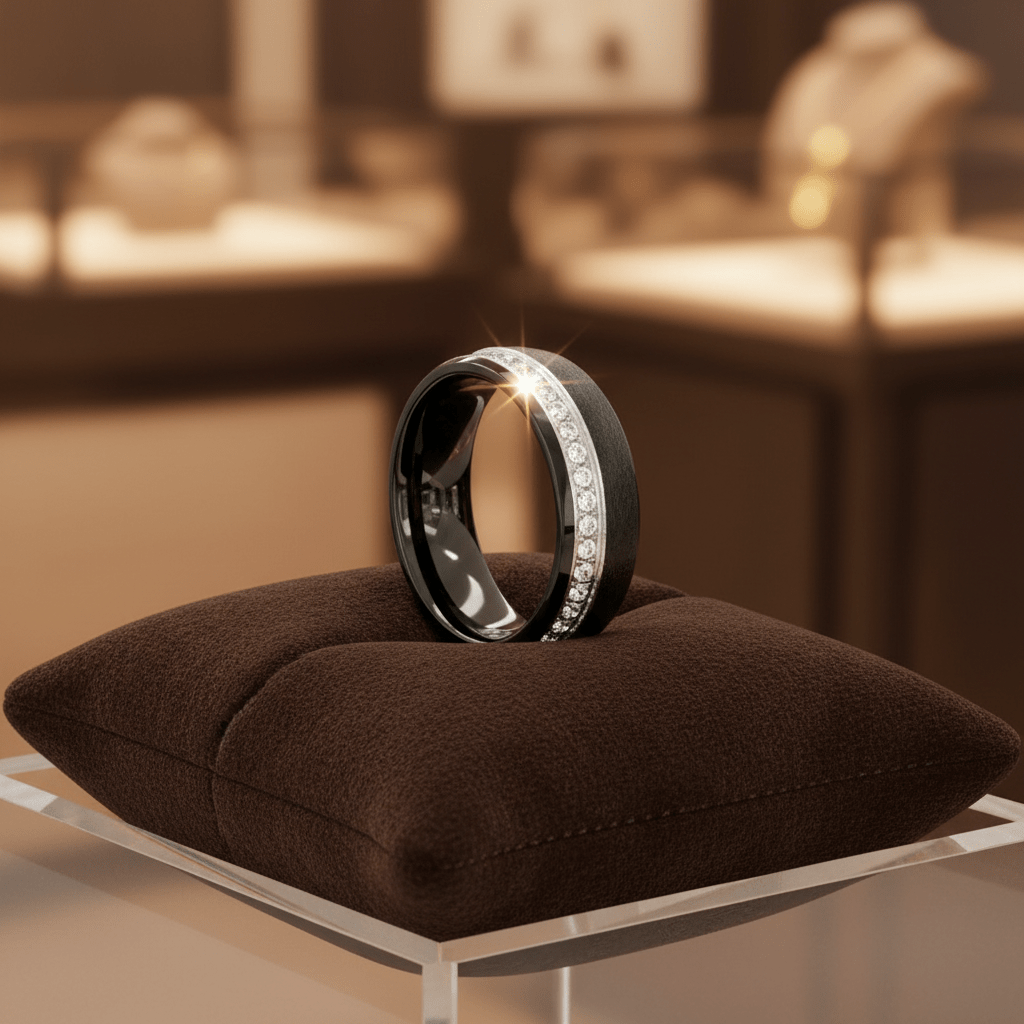 DAZZEL — Premium boutique display on velvet — men's tungsten wedding ring.