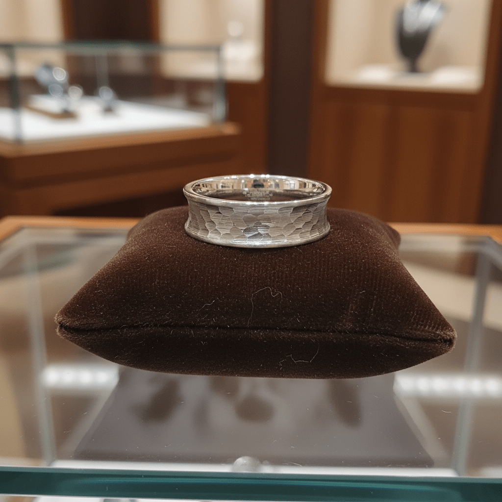 DECIUS — Premium boutique display on velvet — men's tungsten wedding ring.