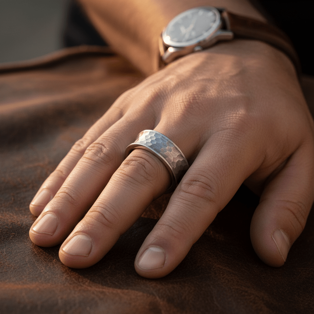DECIUS — Lifestyle photo on hand — men's tungsten wedding ring.
