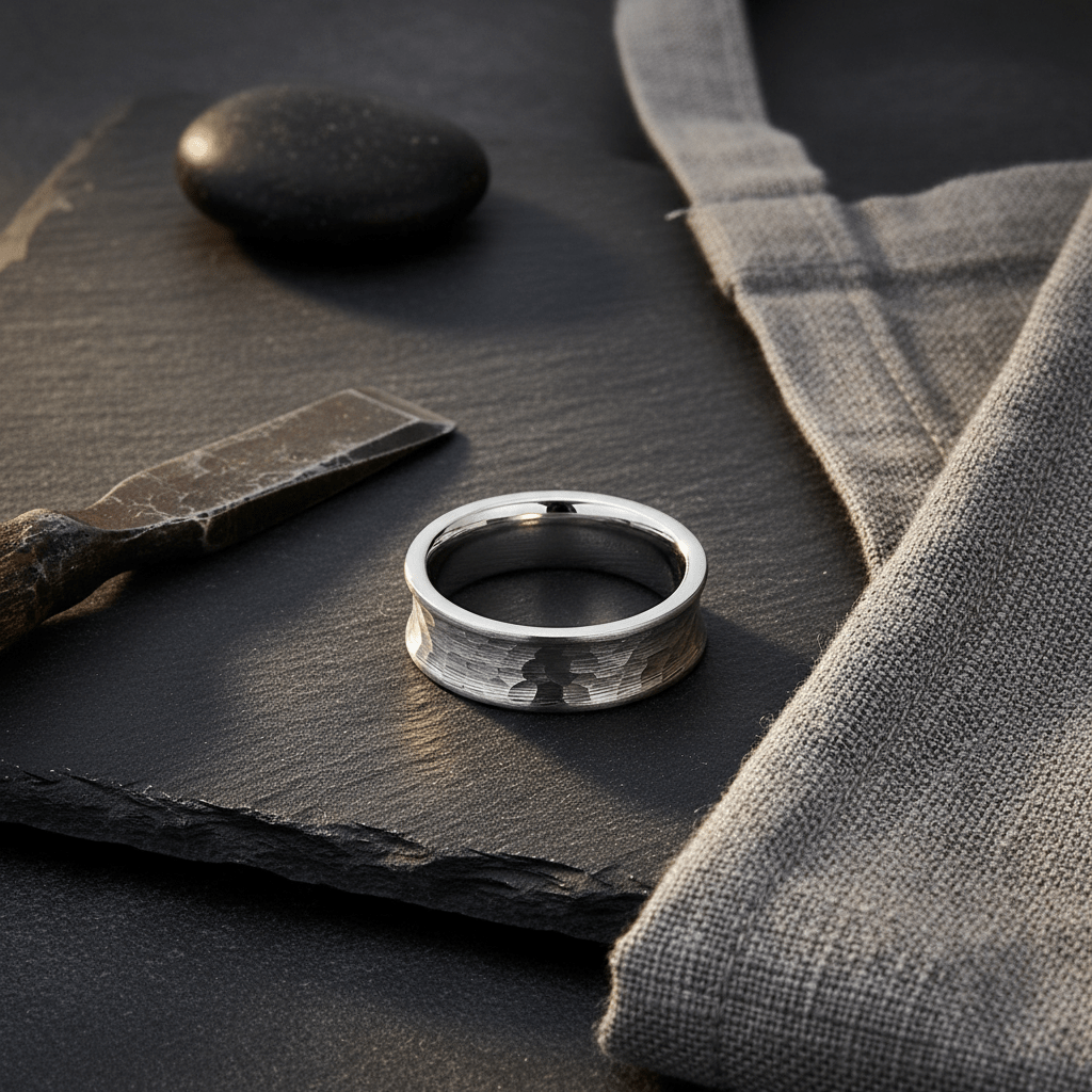 DECIUS — Editorial masculine still life — men's tungsten wedding ring.