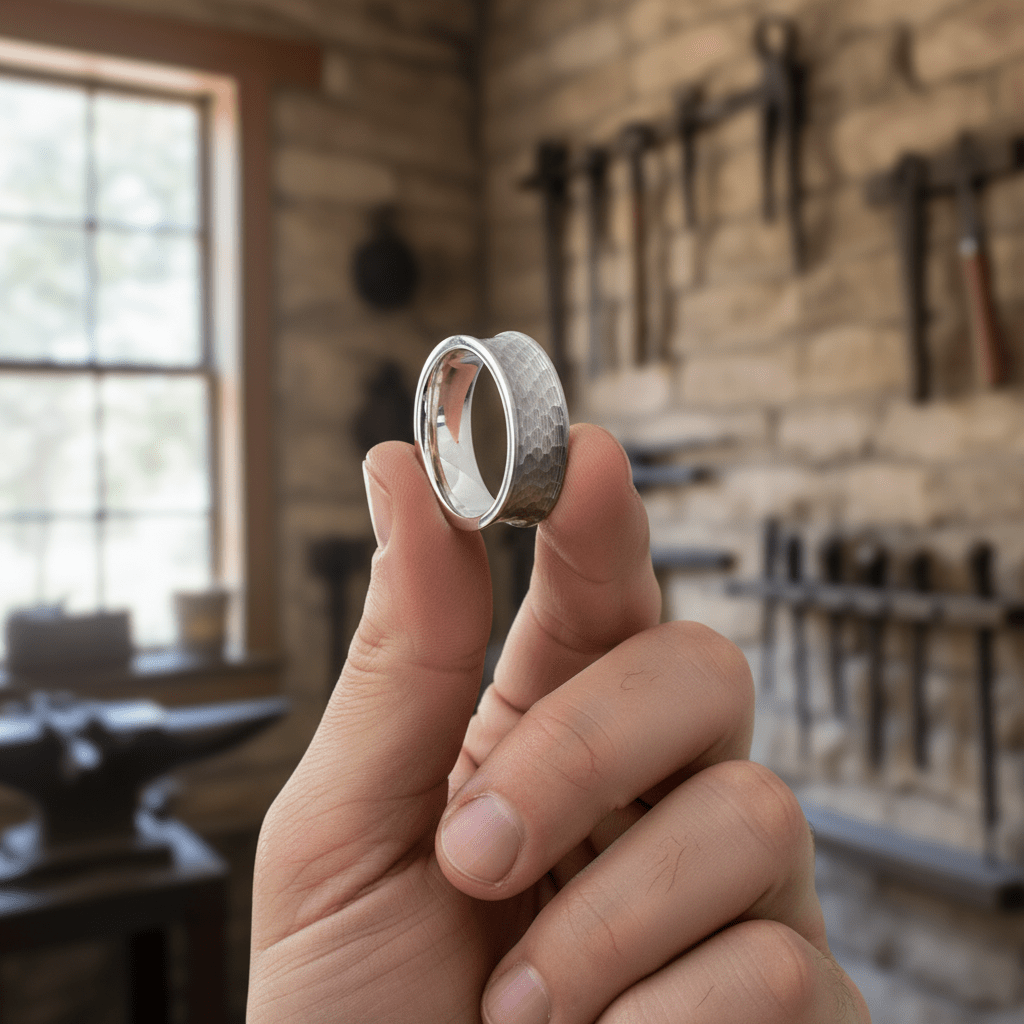 DECIUS — Held between fingers close-up — men's tungsten wedding ring.