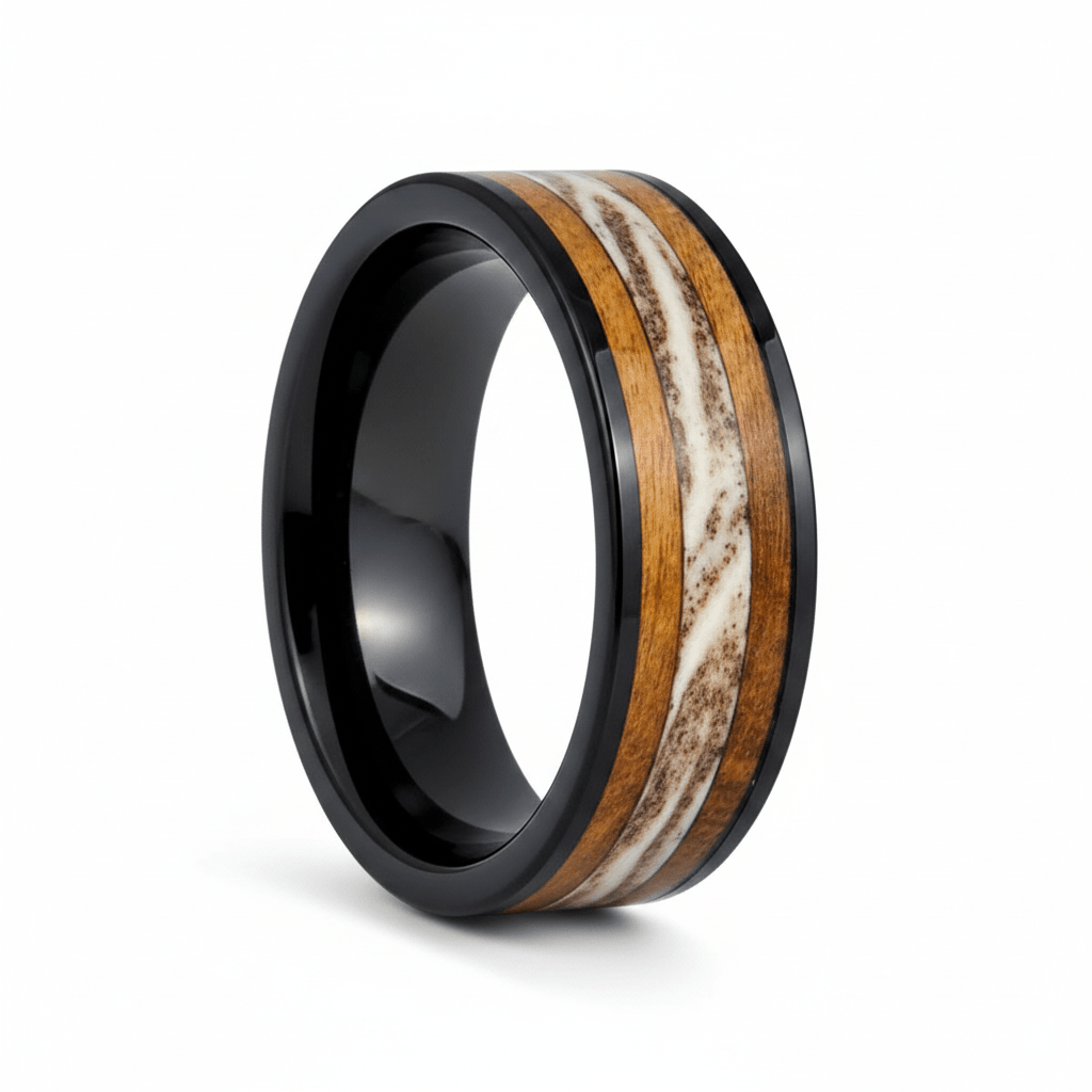 DEERWOOD — Hero product shot — men's tungsten wedding ring.